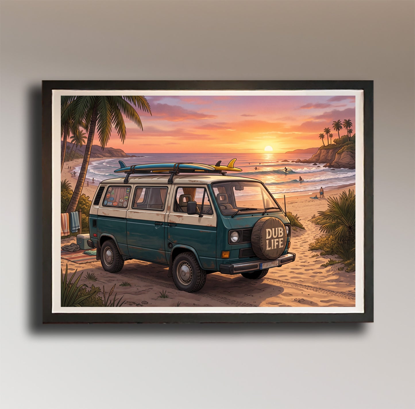 Dub Life – Teal Surf Van on the Beach at Sunset – Vintage Style Poster