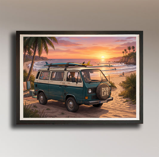 Dub Life – Teal Surf Van on the Beach at Sunset – Vintage Style Poster