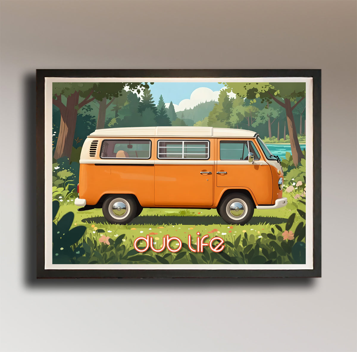 Dub Life – Orange VW Camper Van in the Wild – Vintage Style Poster