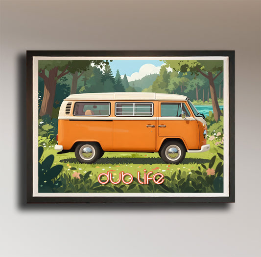 Dub Life – Orange VW Camper Van in the Wild – Vintage Style Poster