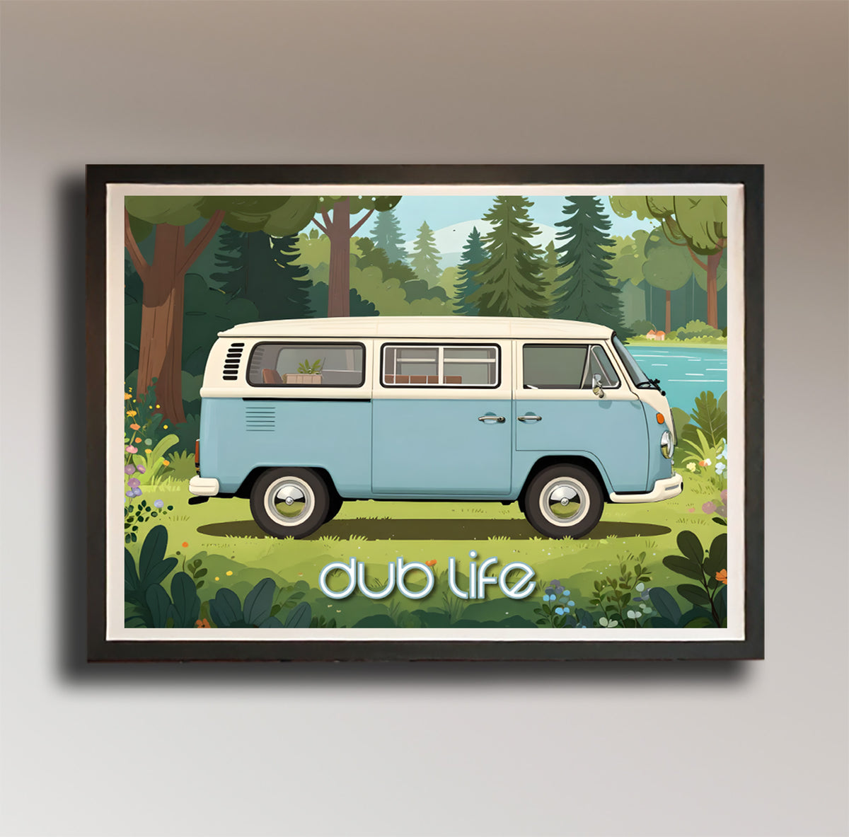 Dub Life – Light Blue VW Camper Van in the Forest – Vintage Style Poster