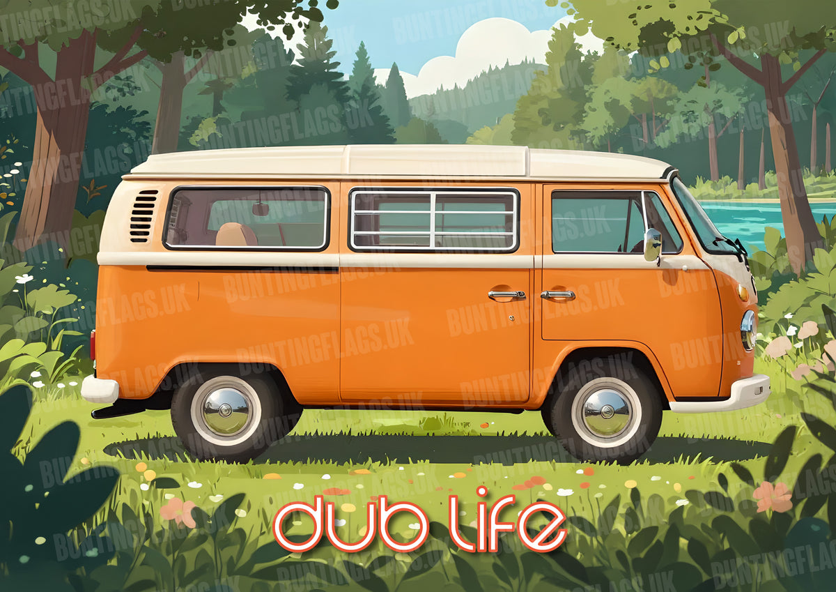 Dub Life – Orange VW Camper Van in the Wild – Vintage Style Poster