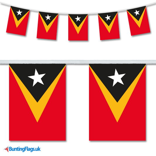 East Timor (Timor-Leste) country flag bunting hanging in a length, along with a close-up view showcasing the flag's design.