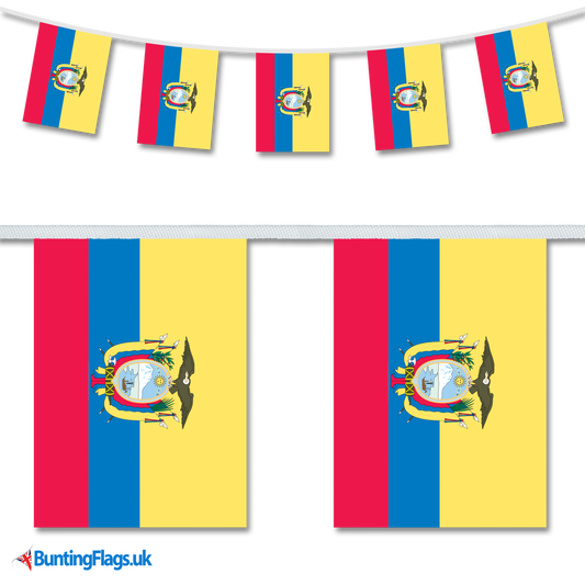 Ecuador country flag bunting hanging in a length, along with a close-up view showcasing the flag's design.