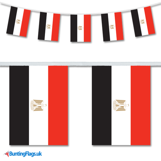 Egypt country flag bunting hanging in a length, along with a close-up view showcasing the flag's design.
