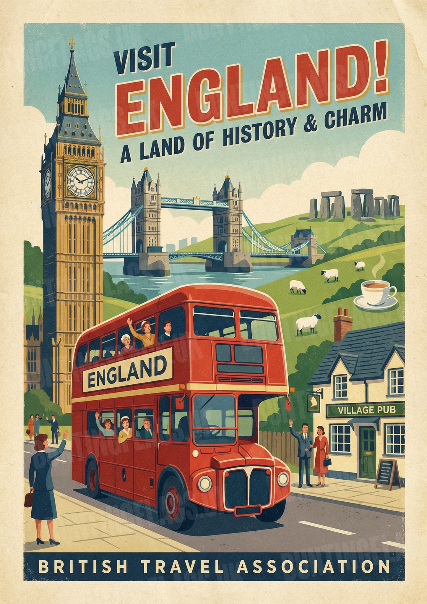 Visit England! – A Land of History & Charm – Vintage Travel Poster