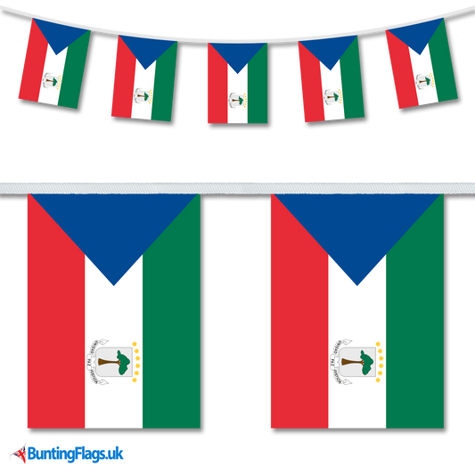 Equatorial Guinea country flag bunting hanging in a length, along with a close-up view showcasing the flag's design.