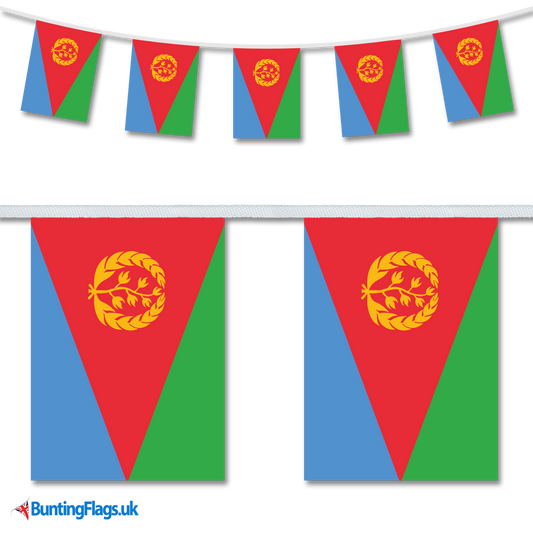 Eritrea country flag bunting hanging in a length, along with a close-up view showcasing the flag's design.