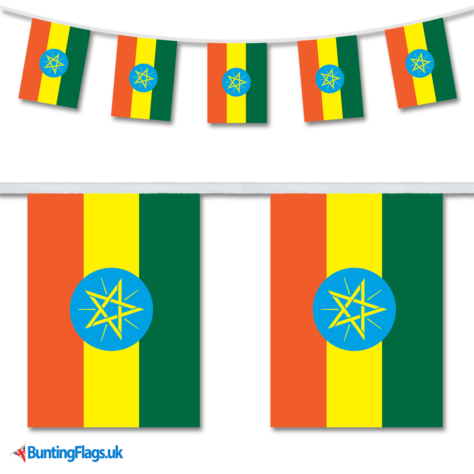 Ethiopia country flag bunting hanging in a length, along with a close-up view showcasing the flag's design.