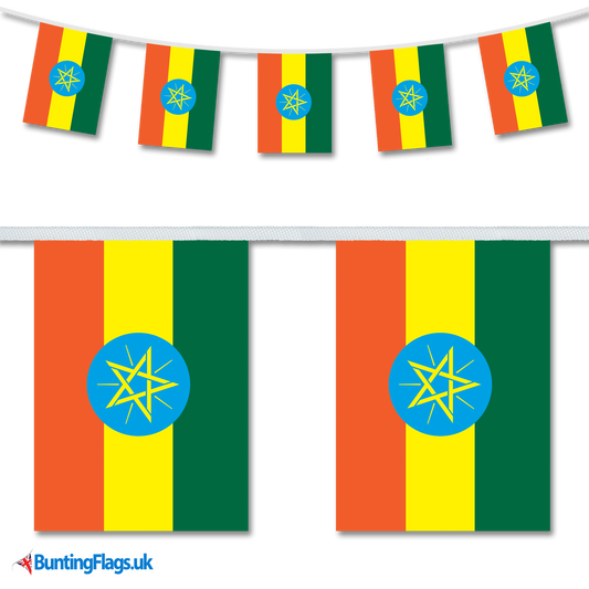 Ethiopia country flag bunting hanging in a length, along with a close-up view showcasing the flag's design.