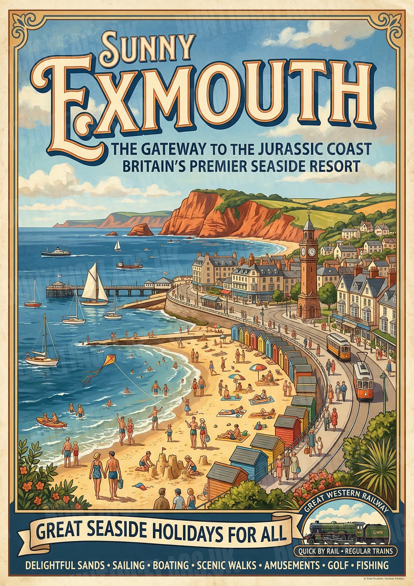 Sunny Exmouth – The Gateway to the Jurassic Coast – Vintage Travel Poster