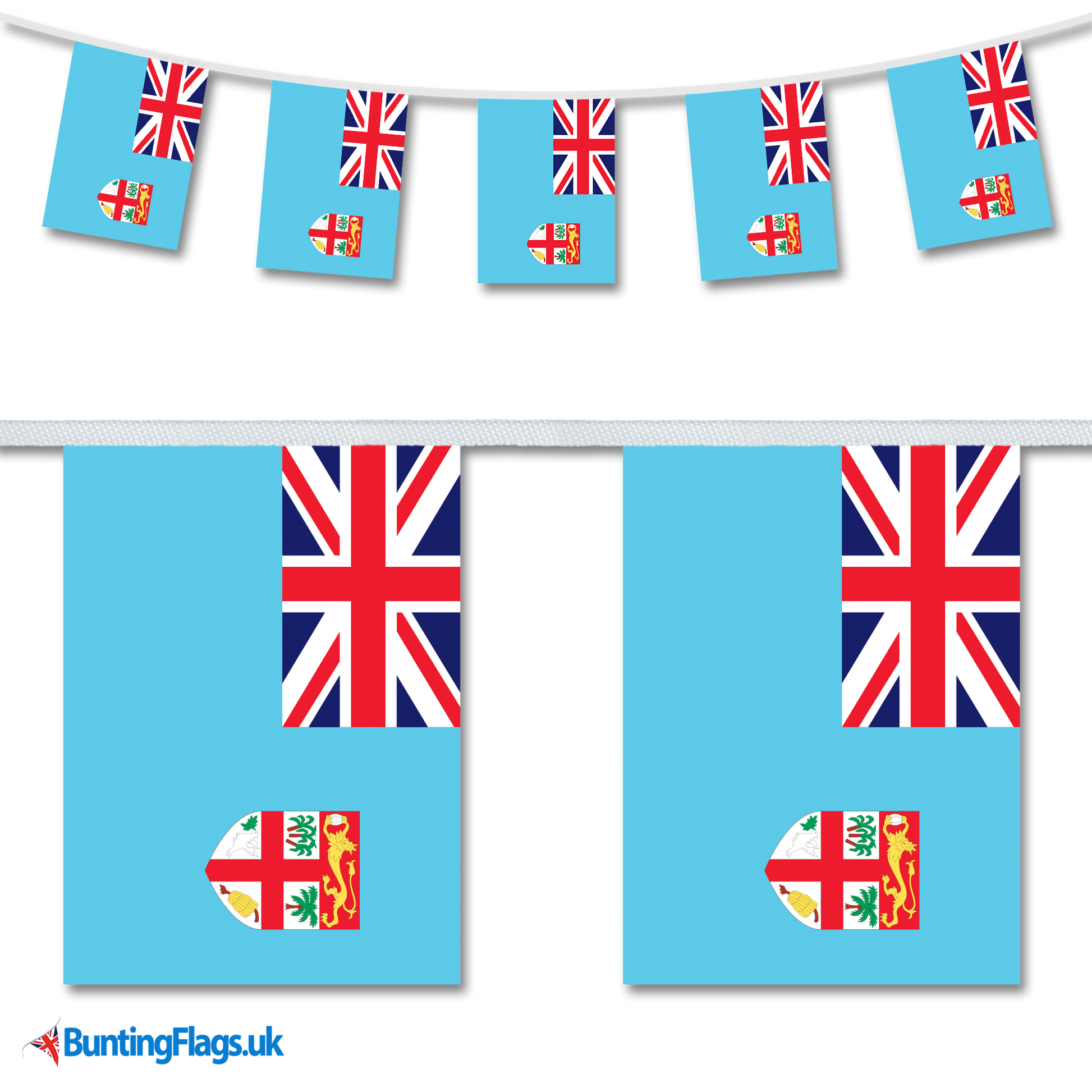 Fiji country flag bunting hanging in a length, along with a close-up view showcasing the flag's design.