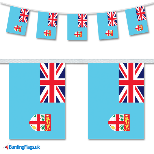Fiji country flag bunting hanging in a length, along with a close-up view showcasing the flag's design.