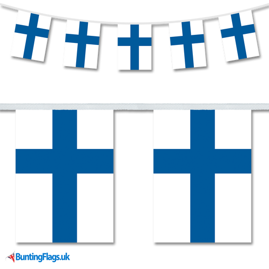 Finland country flag bunting hanging in a length, along with a close-up view showcasing the flag's design.