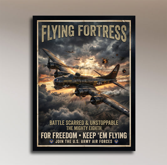 Flying Fortress – The Mighty Eighth – Battle Scarred & Unstoppable – Vintage WWII Poster