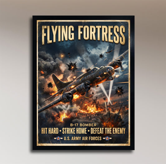 Flying Fortress – B-17 Bomber – Hit Hard, Strike Home – Vintage WWII Poster