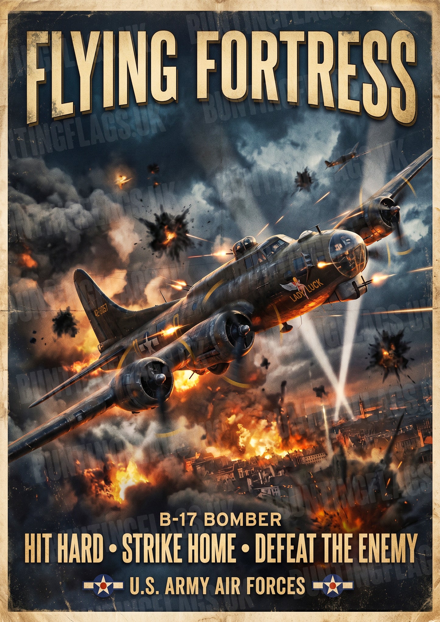 Flying Fortress – B-17 Bomber – Hit Hard, Strike Home – Vintage WWII Poster