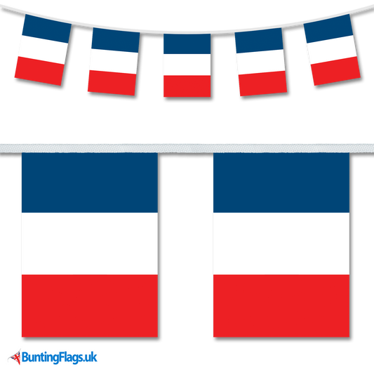 France country flag bunting (French Bunting) image, with the bunting hanging in a length, plus a close-up view showcasing the flag's colourful design.