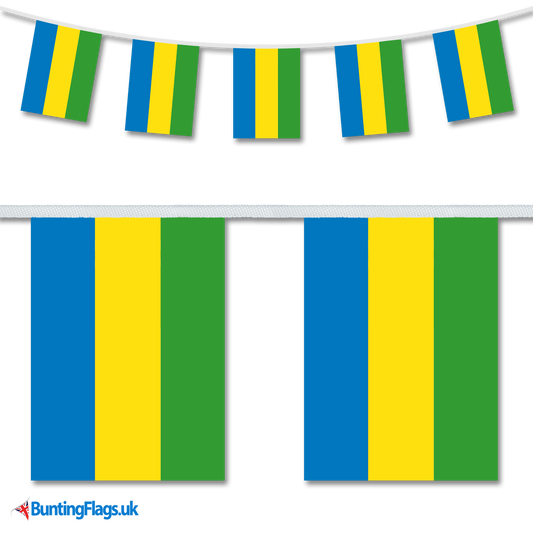Gabon country flag bunting image, with the bunting hanging in a length, plus a close-up view showcasing the flag's colourful design.