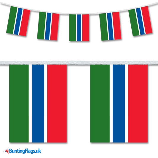 Gambia country flag bunting image, with the bunting hanging in a length, plus a close-up view showcasing the flag's colourful design.