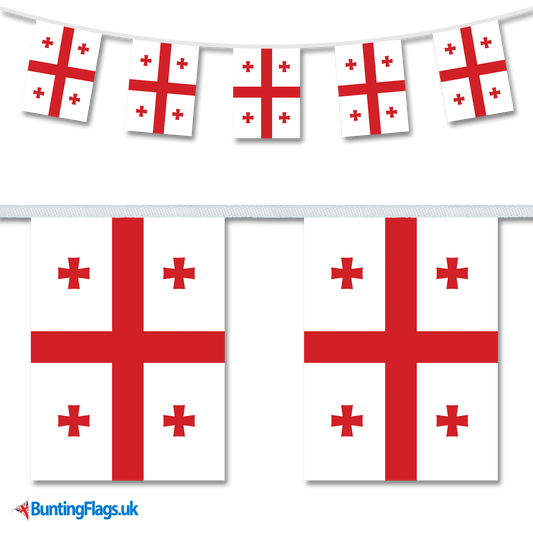 Georgia country flag bunting image, with the bunting hanging in a length, plus a close-up view showcasing the flag's colourful design.