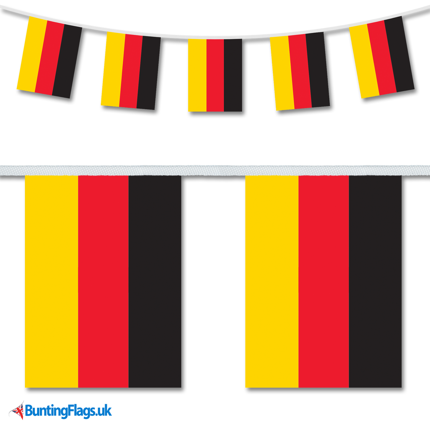 Germany country flag bunting image, with the bunting hanging in a length, plus a close-up view showcasing the flag's colourful design.