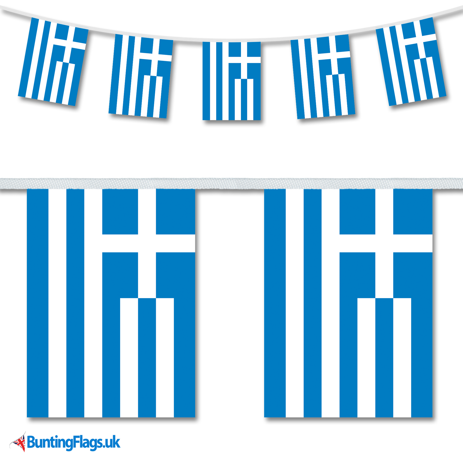 Greece country flag bunting image, with the bunting hanging in a length, plus a close-up view showcasing the flag's colourful design.