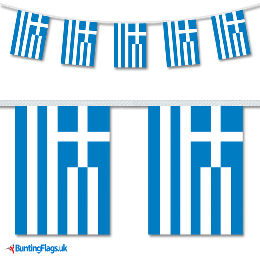 Greece country flag bunting image, with the bunting hanging in a length, plus a close-up view showcasing the flag's colourful design.