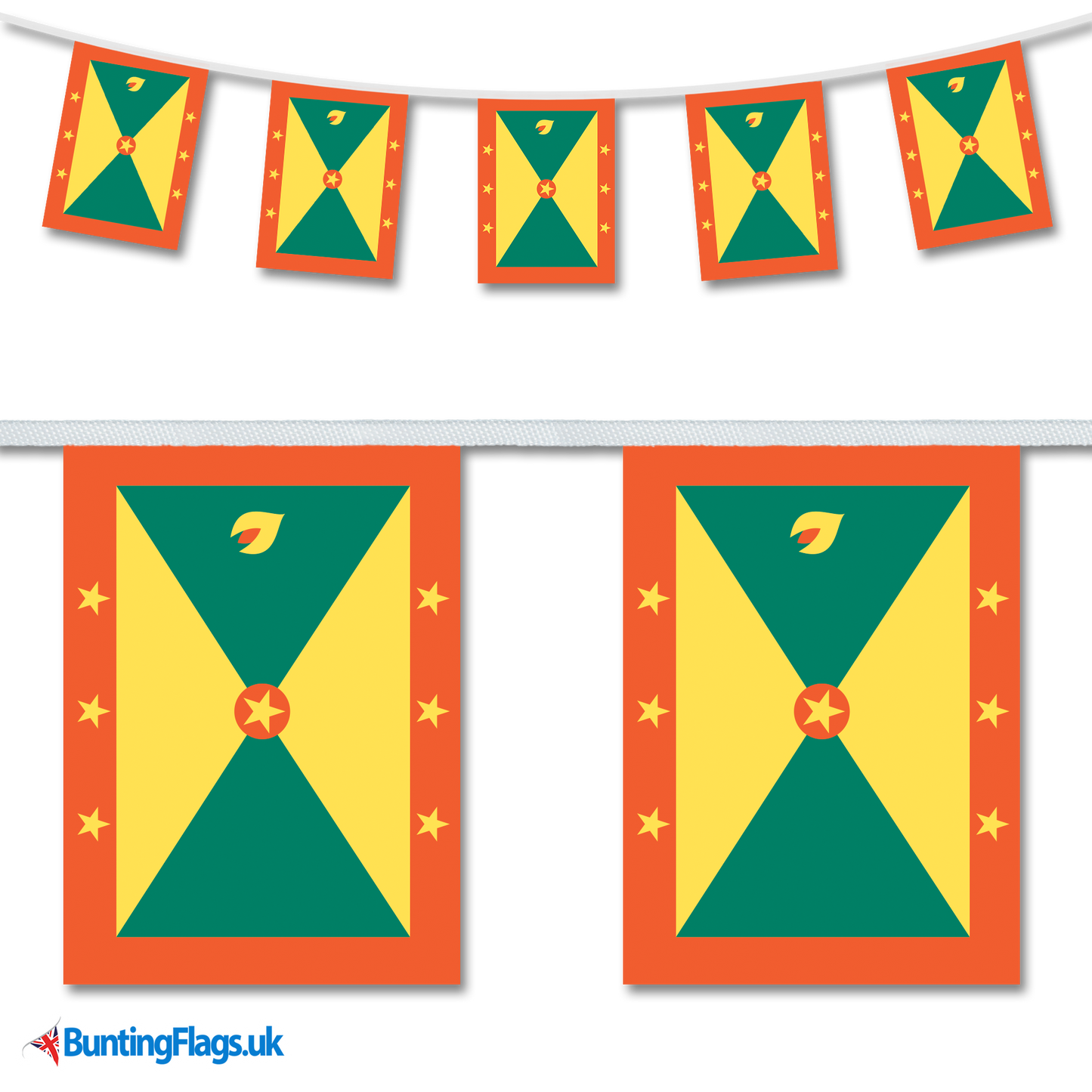 Grenada country flag bunting image, with the bunting hanging in a length, plus a close-up view showcasing the flag's colourful design.