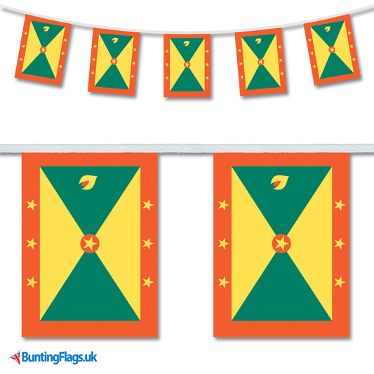 Grenada country flag bunting image, with the bunting hanging in a length, plus a close-up view showcasing the flag's colourful design.