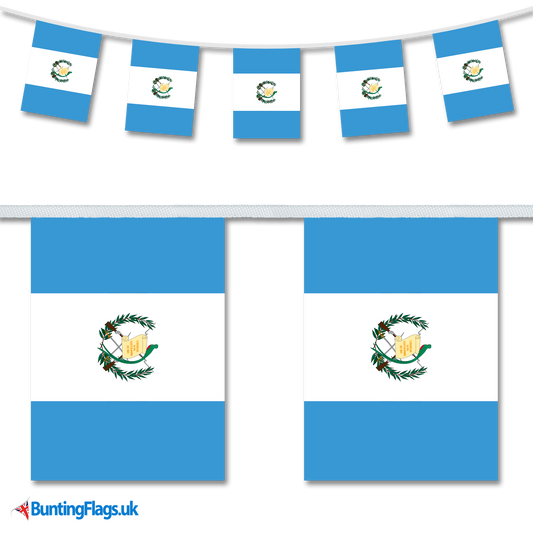 Guatemala country flag bunting image, with the bunting hanging in a length, plus a close-up view showcasing the flag's colourful design.