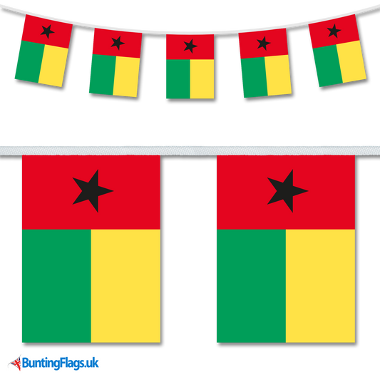 Guinea-Bissau country flag bunting image, with the bunting hanging in a length, plus a close-up view showcasing the flag's colourful design.