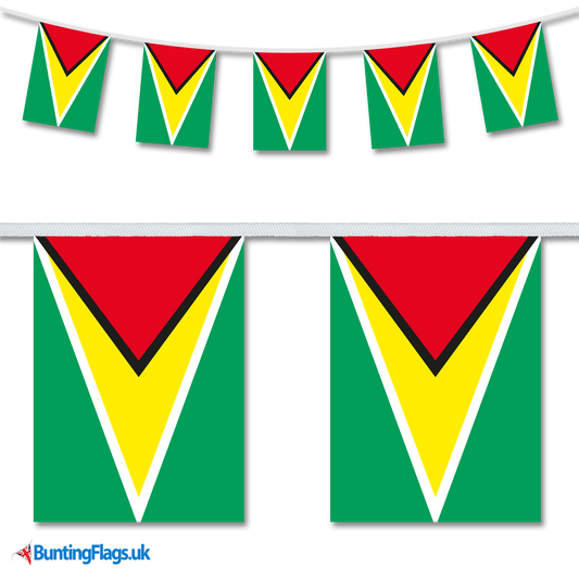 Guyana country flag bunting image, with the bunting hanging in a length, plus a close-up view showcasing the flag's colourful design.