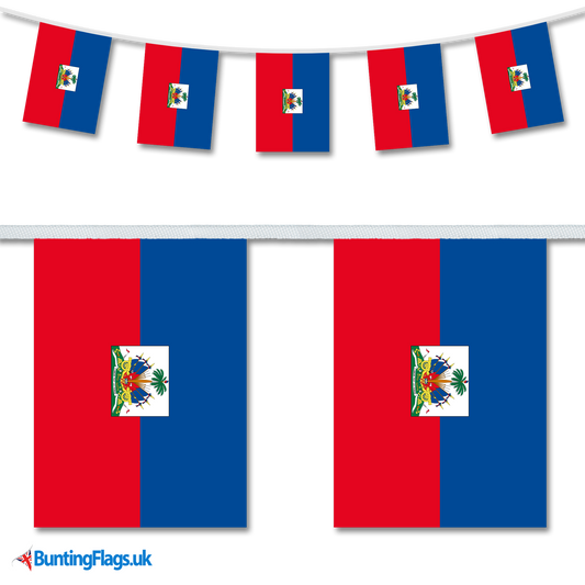 Haiti country flag bunting image, with the bunting hanging in a length, plus a close-up view showcasing the flag's colourful design