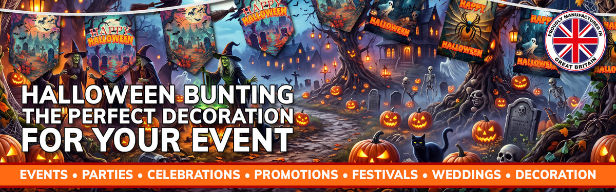 A Halloween-themed promotional banner with a spooky illustrated scene of haunted houses, pumpkins, witches, and tombstones. Large text reads 'HALLOWEEN BUNTING THE PERFECT DECORATION FOR YOUR EVENT,' with an orange footer listing event types and a circular Union Jack logo at the top right.