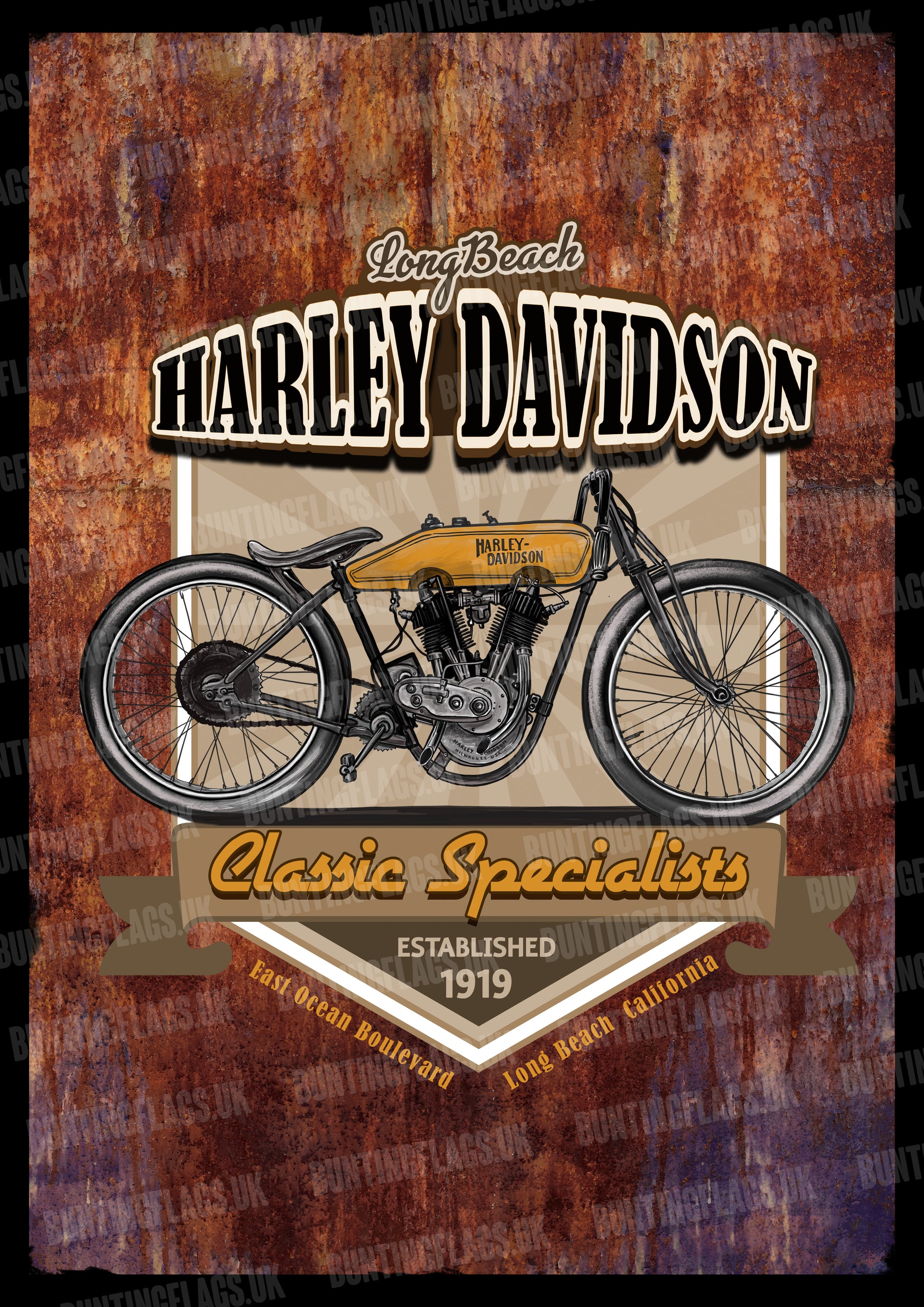 Harley Davidson vintage-style advertisement poster with motorcycle illustration on a textured background