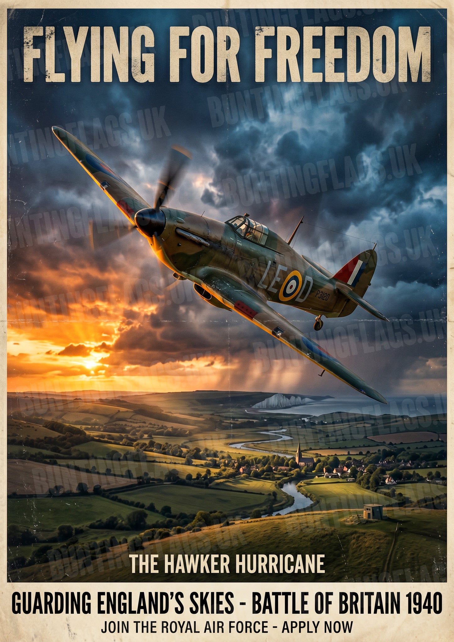 Hawker Hurricane – Flying for Freedom – Battle of Britain 1940 – Vintage Aviation Poster