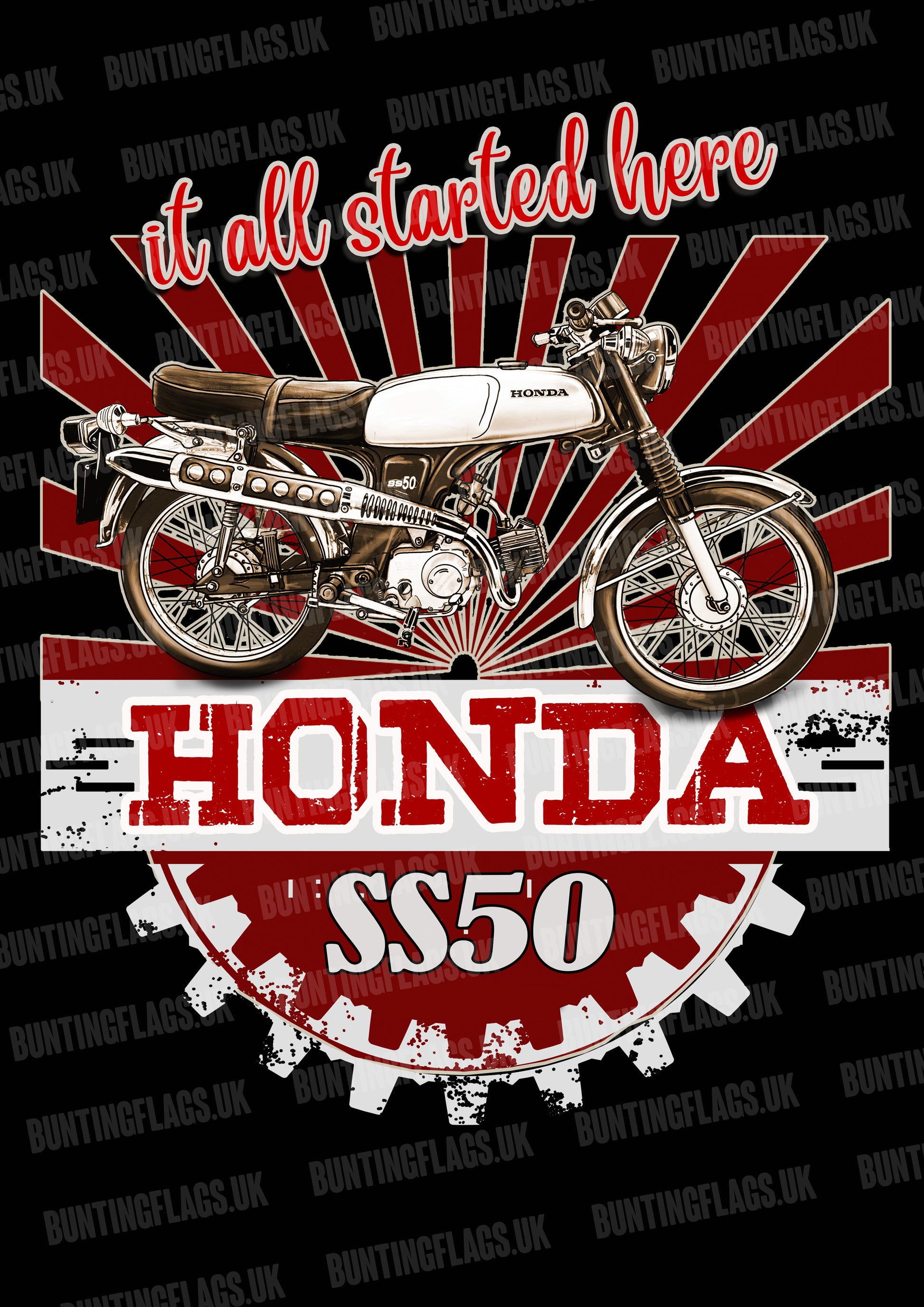 Honda SS50 motorcycle poster with a starburst red and black background and 'it all started here' text.