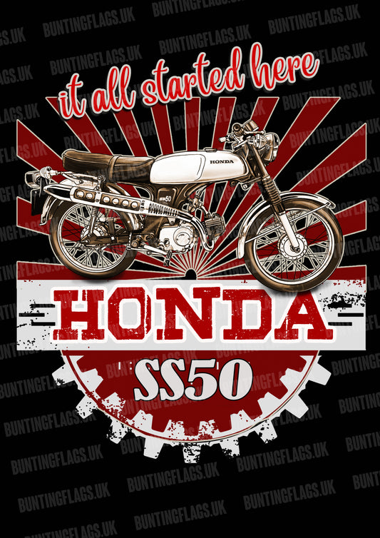 Honda SS50 motorcycle poster with a starburst red and black background and 'it all started here' text.