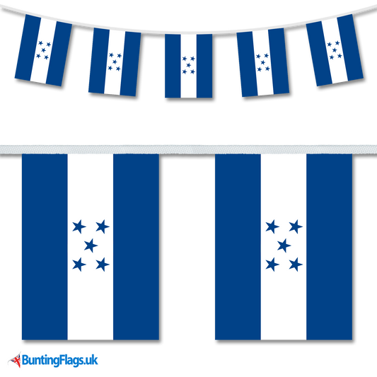 Honduras country flag bunting image, with the bunting hanging in a length, plus a close-up view showcasing the flag's colourful design