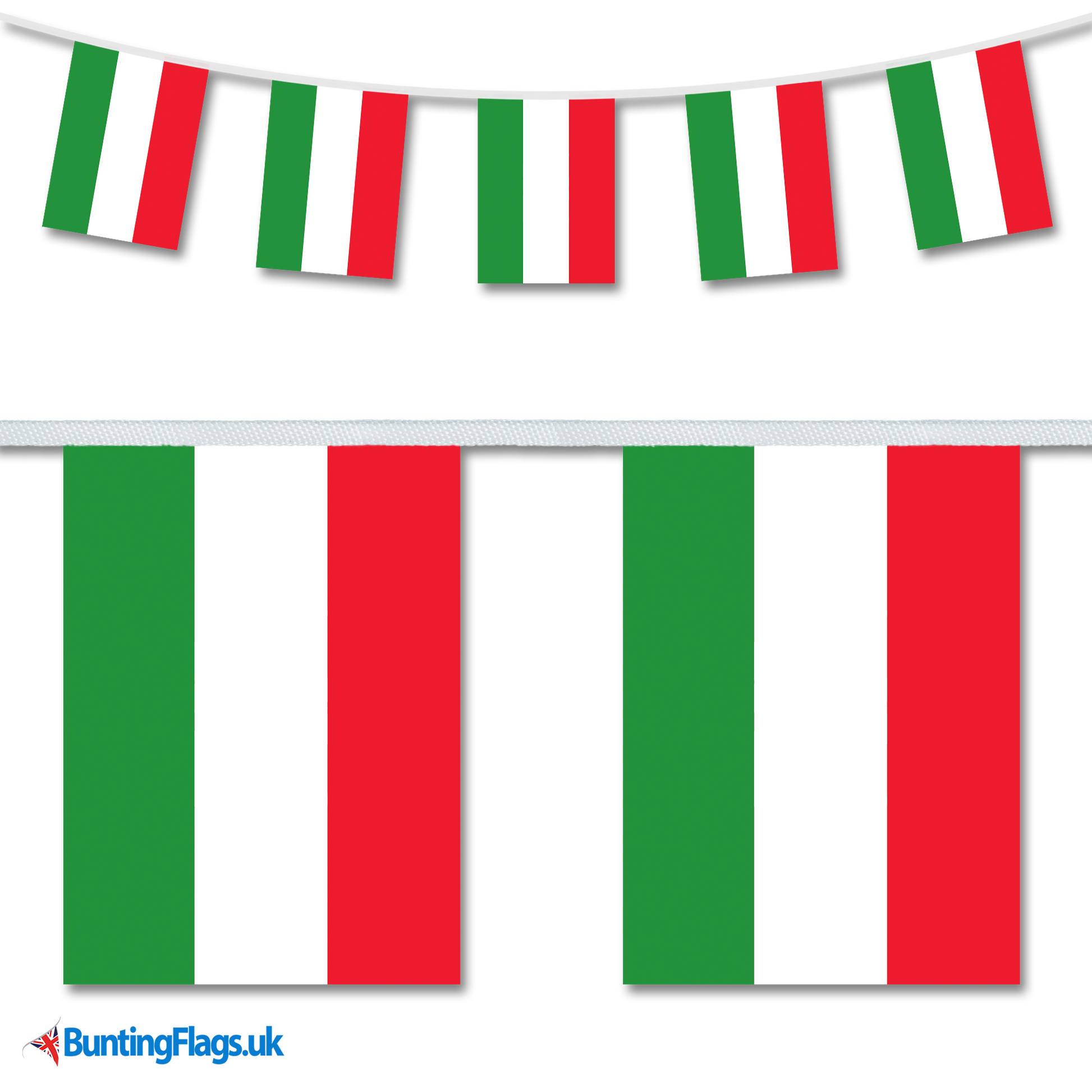 Hungary country flag bunting image, with the bunting hanging in a length, plus a close-up view showcasing the flag's colourful design.
