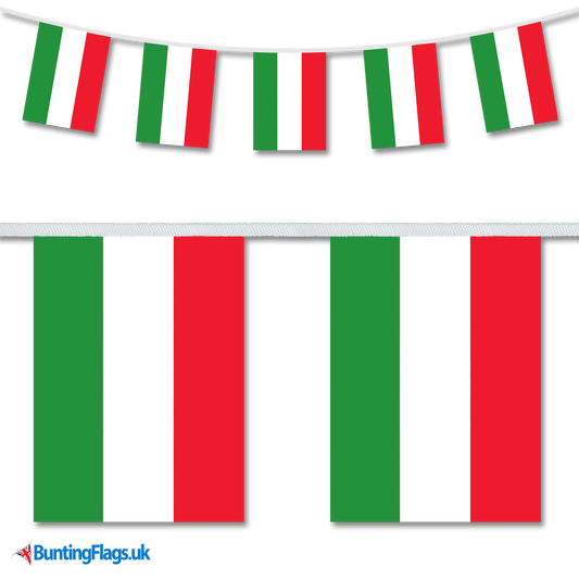Hungary country flag bunting image, with the bunting hanging in a length, plus a close-up view showcasing the flag's colourful design.