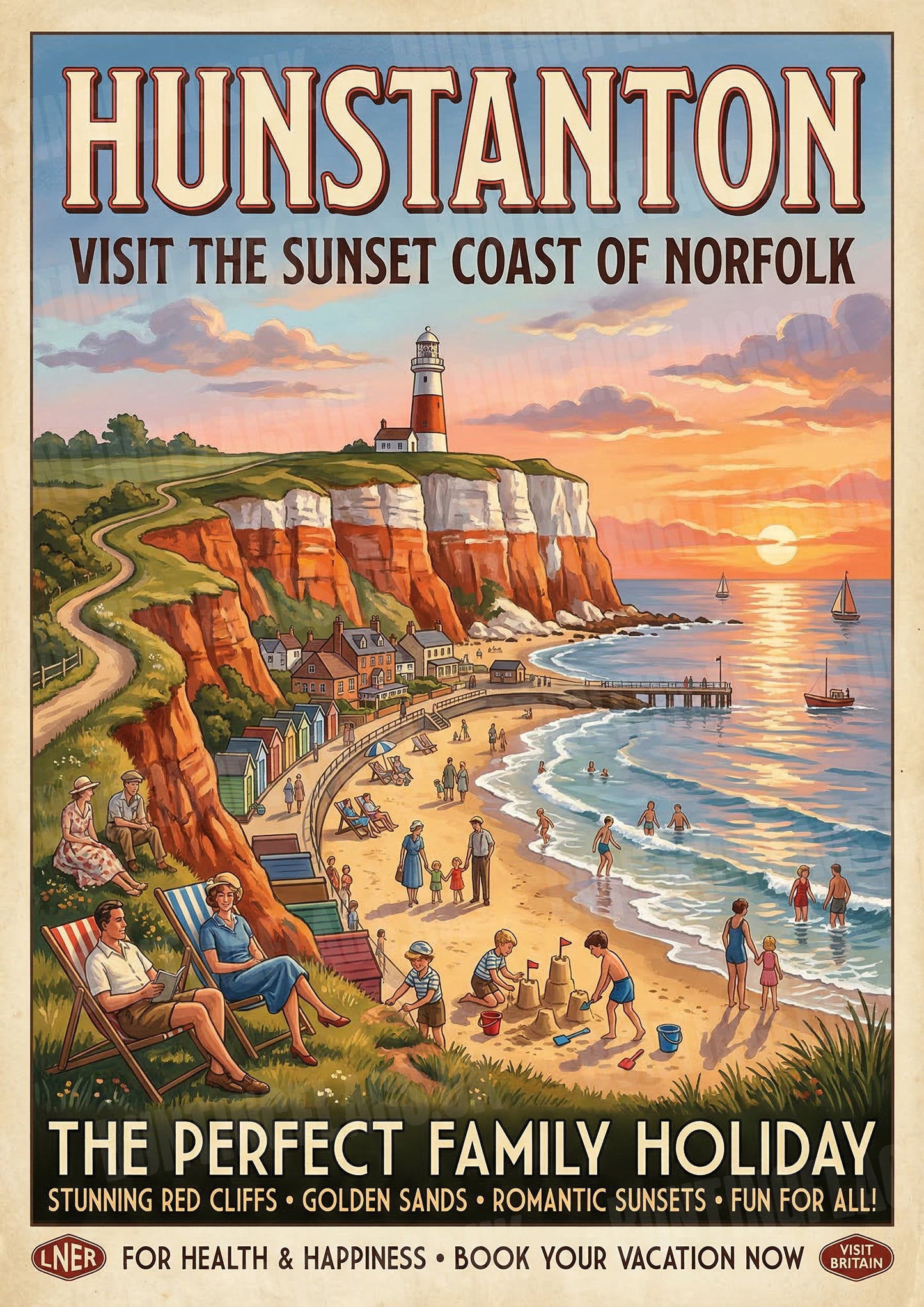 Hunstanton – Visit the Sunset Coast of Norfolk – Vintage Travel Poster