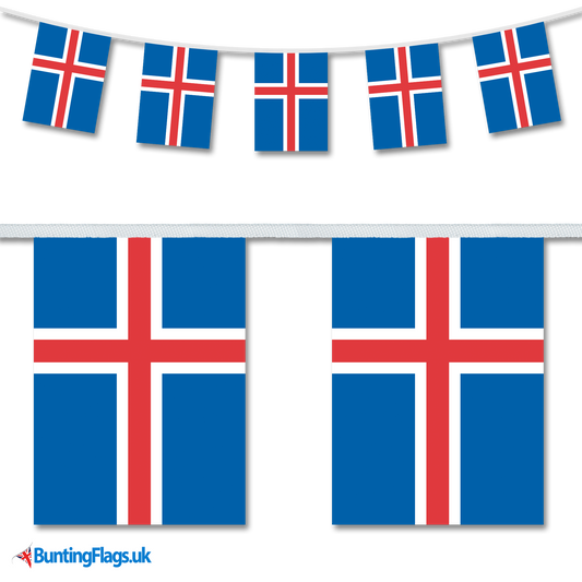 Iceland country flag bunting image, with the bunting hanging in a length, plus a close-up view showcasing the flag's colourful design.