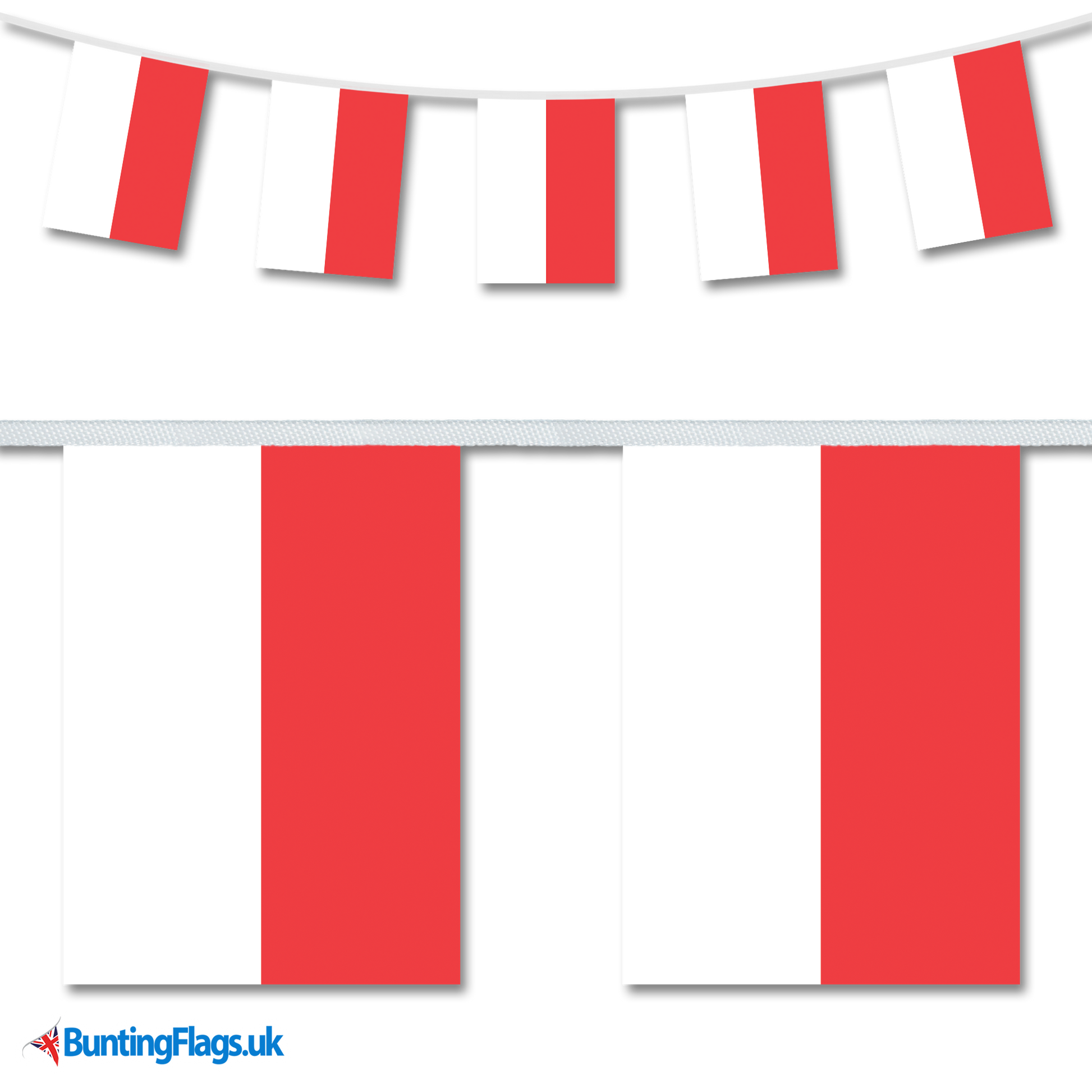 Indonesia country flag bunting image, with the bunting hanging in a length, plus a close-up view showcasing the flag's colourful design.