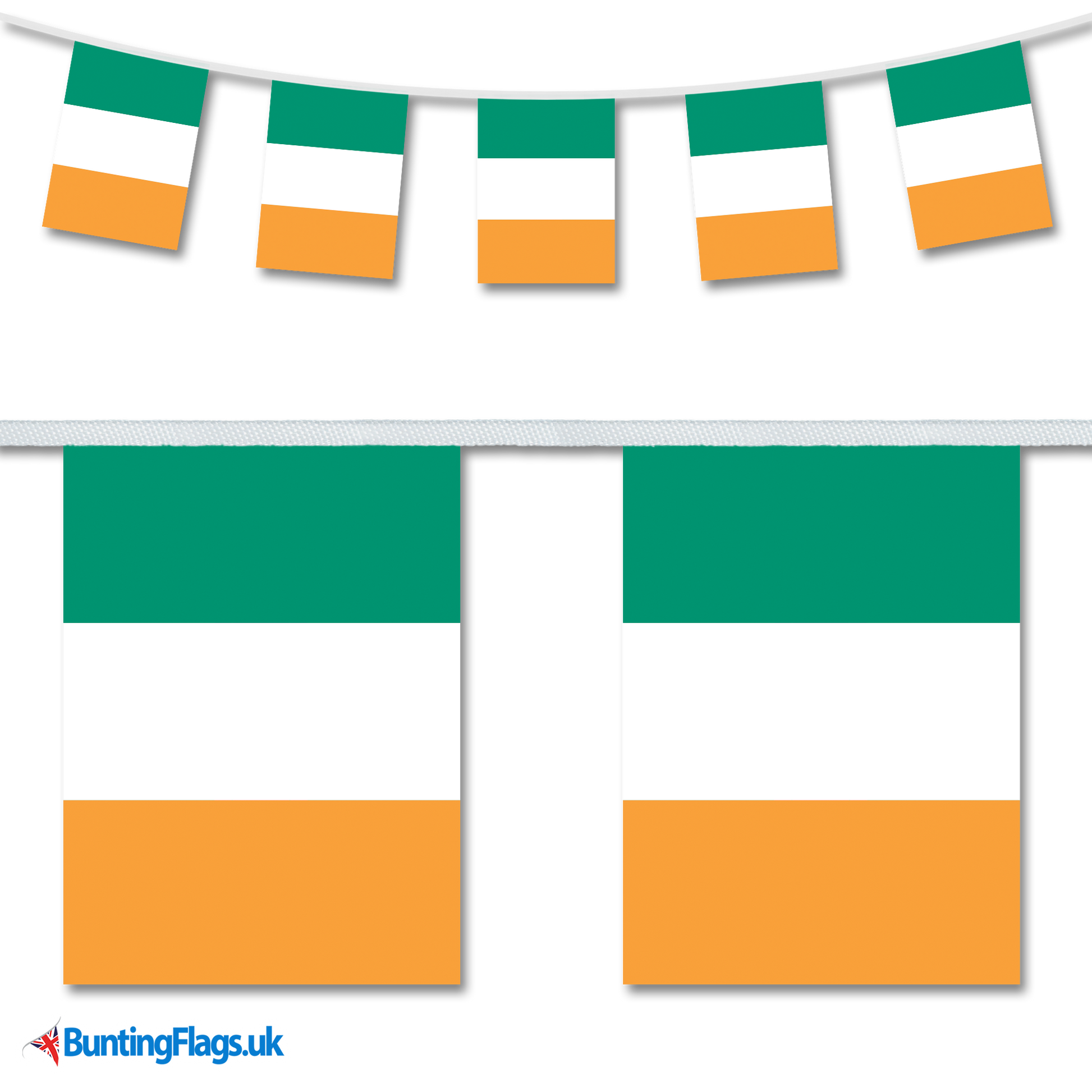 Ireland country flag bunting image, with the bunting hanging in a length, plus a close-up view showcasing the flag's colourful design.