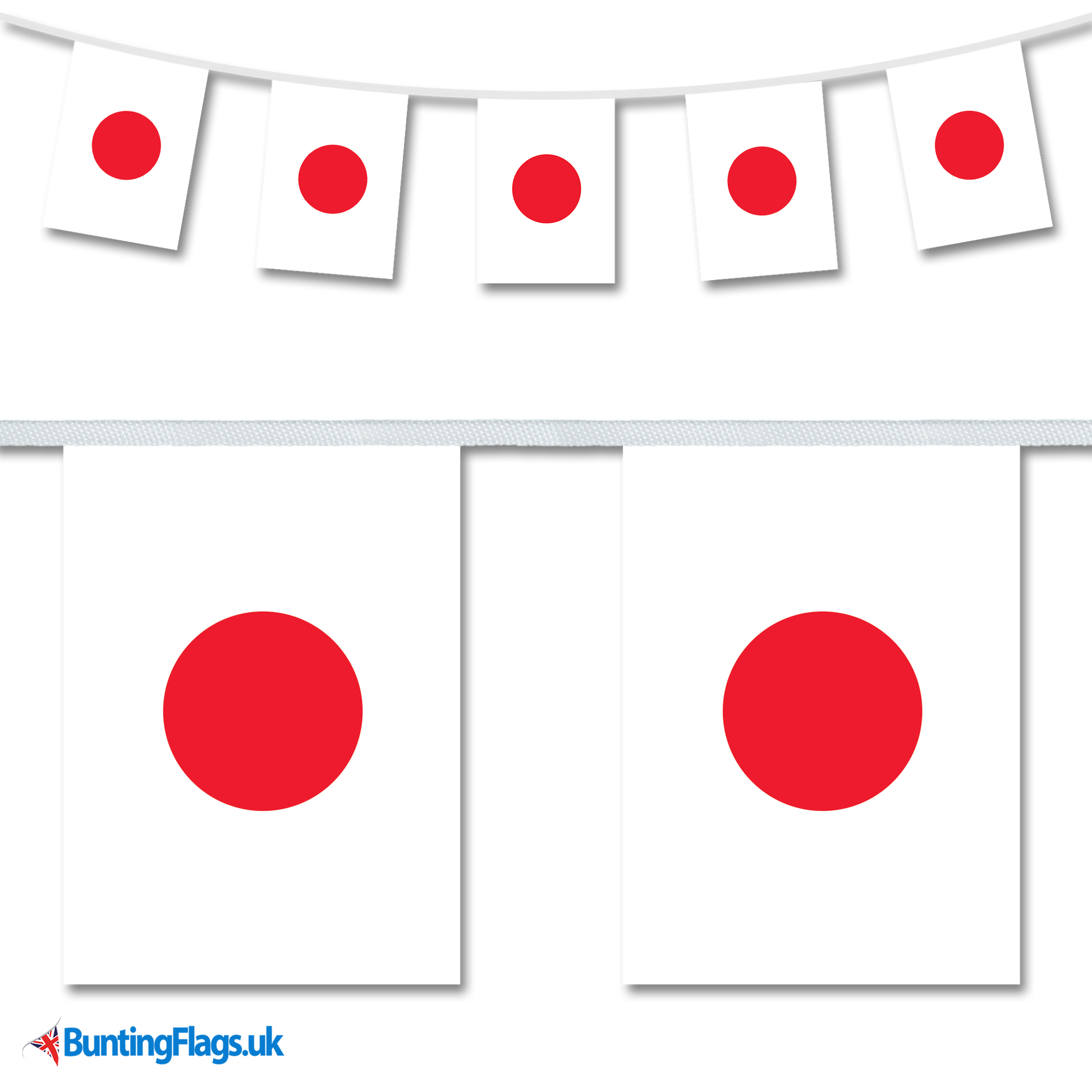 Japan country flag bunting image, with the bunting hanging in a length, plus a close-up view showcasing the flag's colourful design.