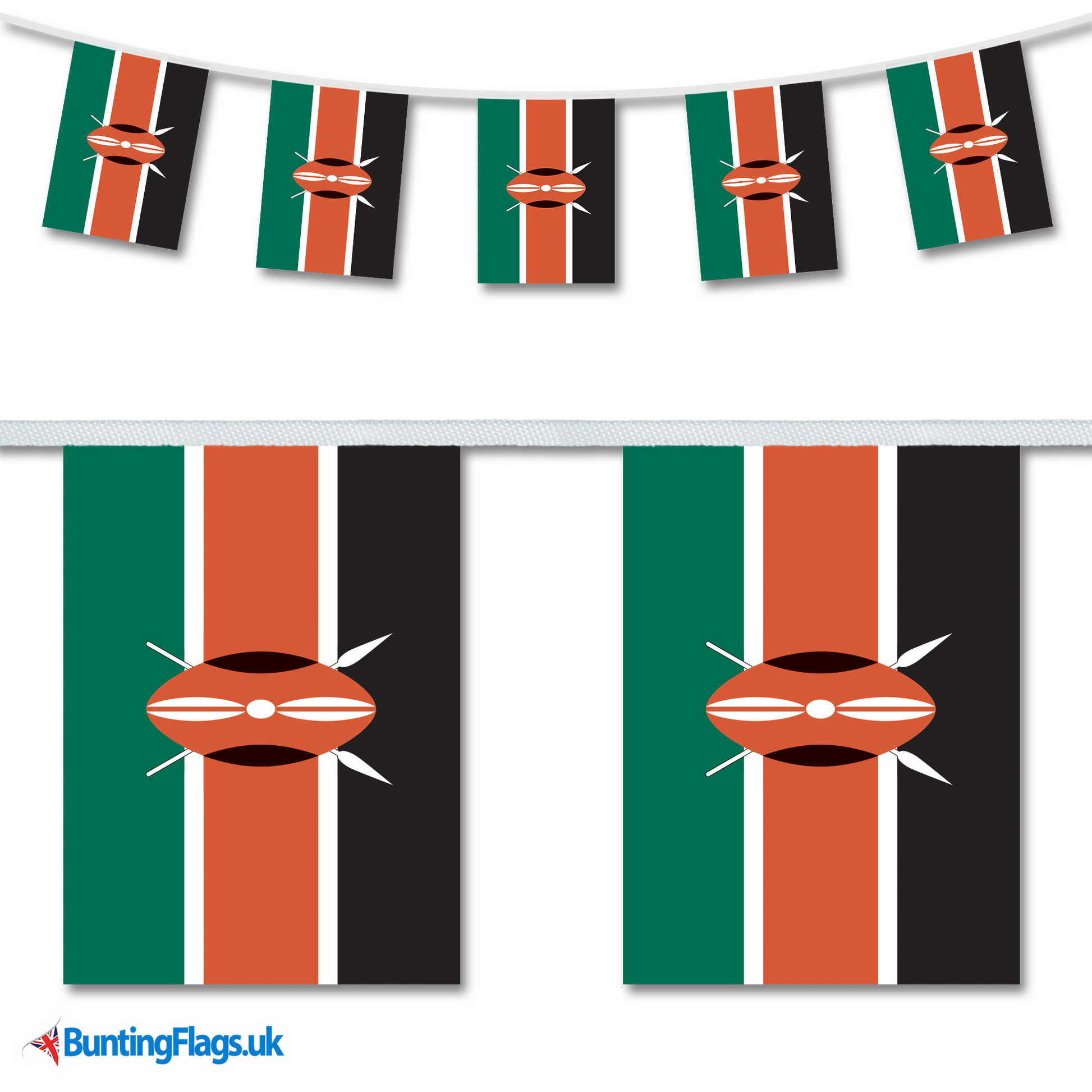 Kenya country flag bunting image, with the bunting hanging in a length, plus a close-up view showcasing the flag's colourful design.