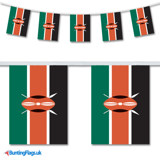 Kenya country flag bunting image, with the bunting hanging in a length, plus a close-up view showcasing the flag's colourful design.
