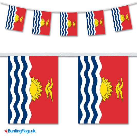 Kiribati country flag bunting image, with the bunting hanging in a length, plus a close-up view showcasing the flag's colourful design.